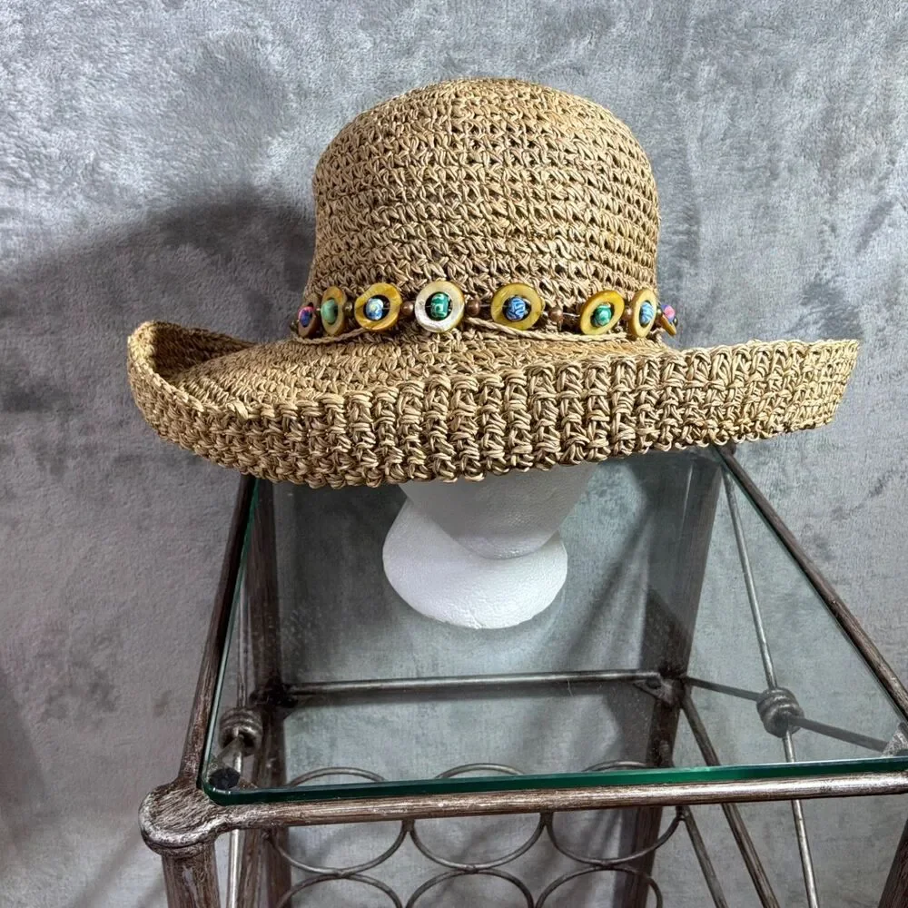 Women’s Summer Beaded Band Beach Straw Wide Brim Panama Style Sun Hat Adj. OS